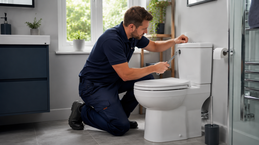 Fitting plumber repairing toilet plumbing in a London bathroom