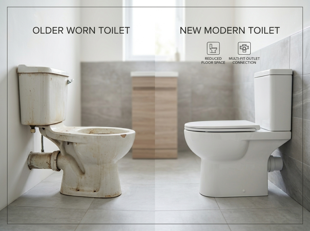 Old toilet beside a new replacement toilet during a London bathroom upgrade