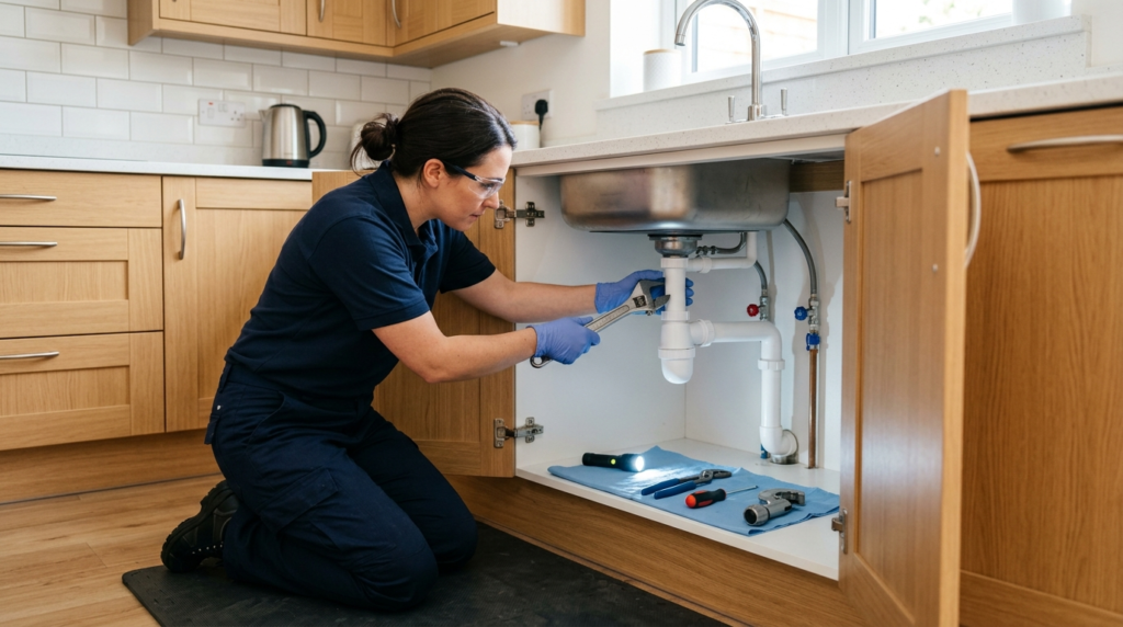 Plumber inspecting a P-trap pipe under a kitchen sink in London home