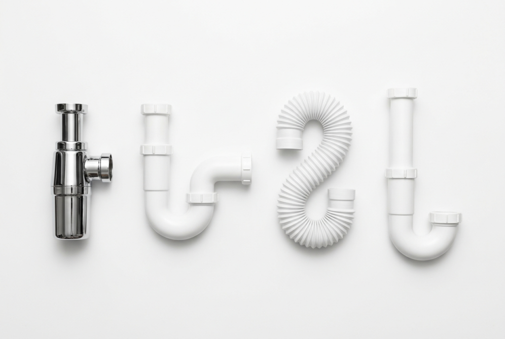 Four types of bathroom sink p traps side by side: chrome bottle trap, white tubular p trap, flexible drain trap, and deep seal trap