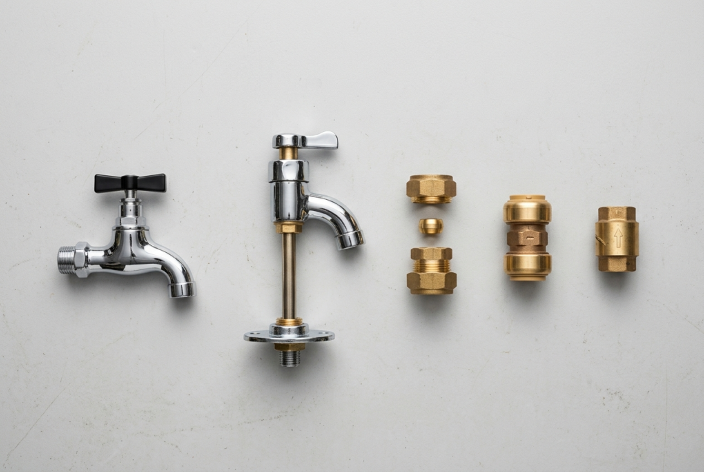 Different types of garden tap plumbing and fittings including bib tap and compression fitting
