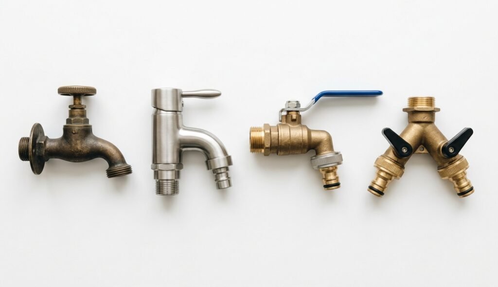 Four types of garden taps: standard bib tap, self-draining tap, ball valve tap, and two-way garden tap
