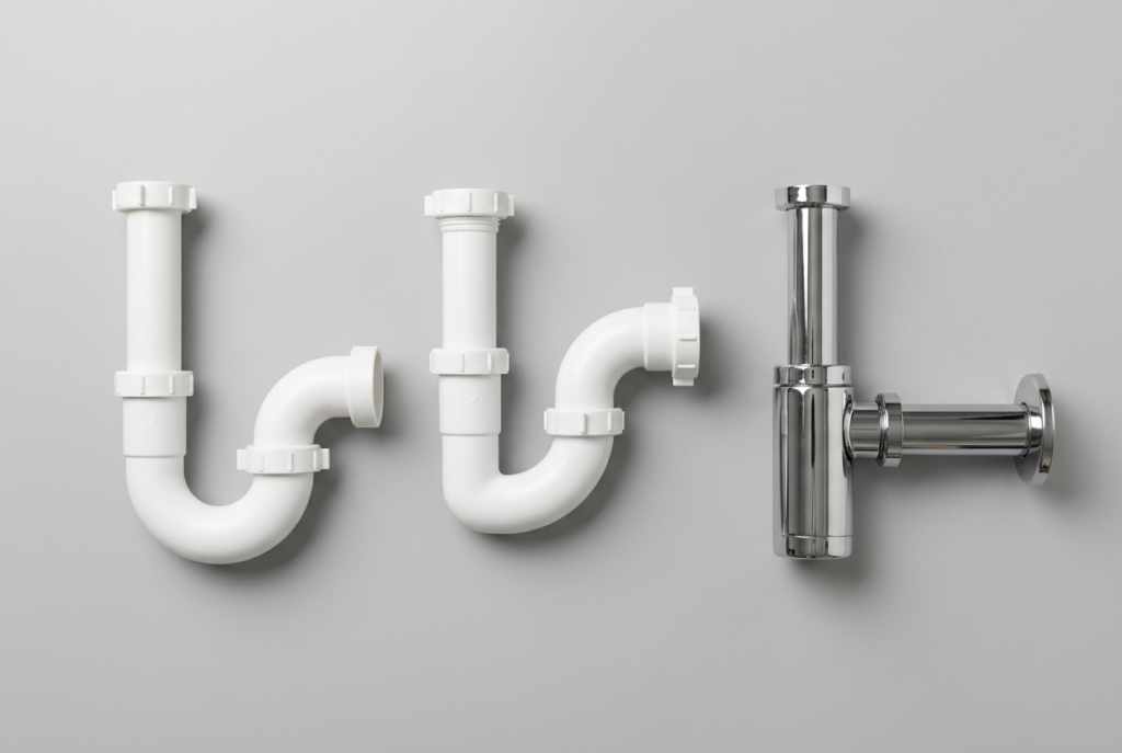 Three common types of sink plumbing traps: P-trap, S-trap, and bottle trap