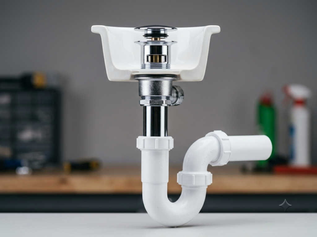 Close-up of a chrome basin waste fitting and trap showing how plumbing waste fittings connect to drainage pipework