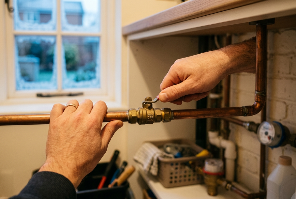 Homeowner draining garden tap plumbing and fittings before winter frost