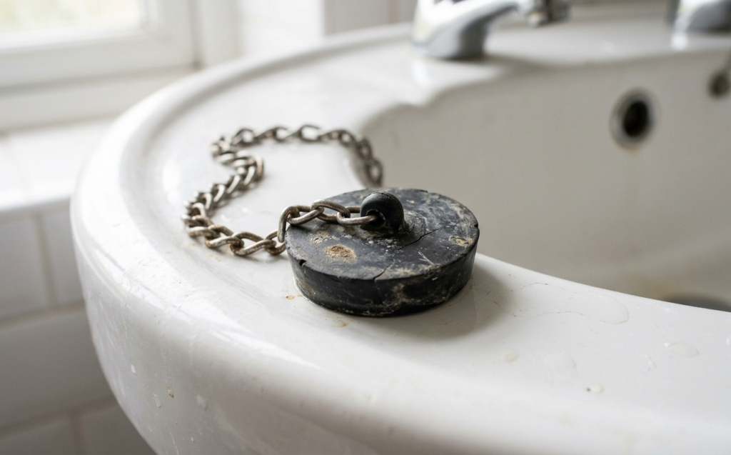 Bathroom Sink Plug Replacement: A Complete Guide for UK Homeowners Close-up of a worn rubber sink plug and chain showing signs of wear