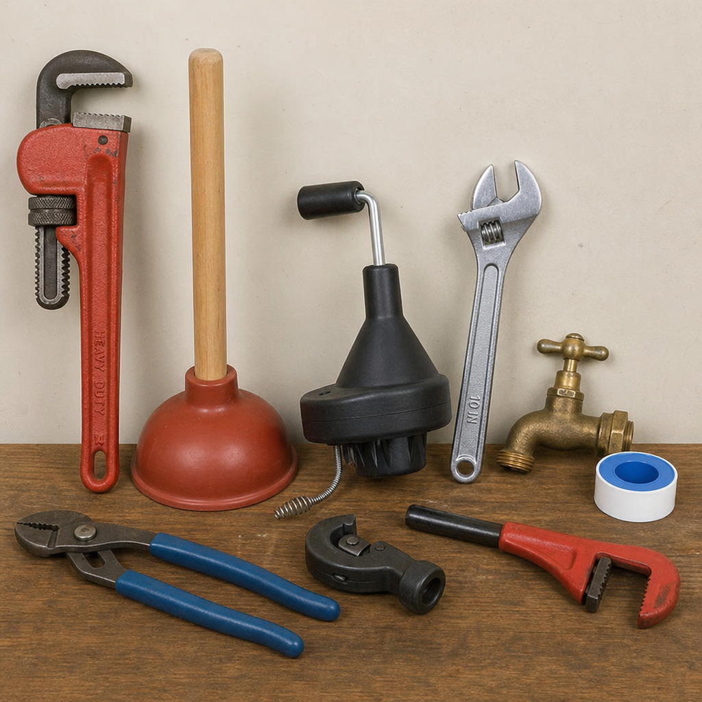 A collection of essential plumbing tools including a pipe wrench, plunger, and more