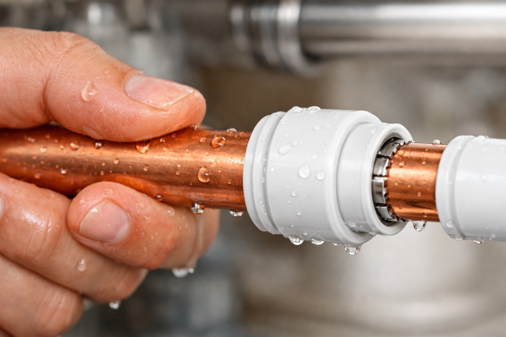 Close-up of a hand pushing a copper pipe into a Speedfit push-fit plumbing connector
