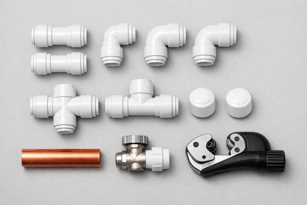 Flat lay of assorted Speedfit push-fit plumbing fittings including elbows, tees, and isolation valves