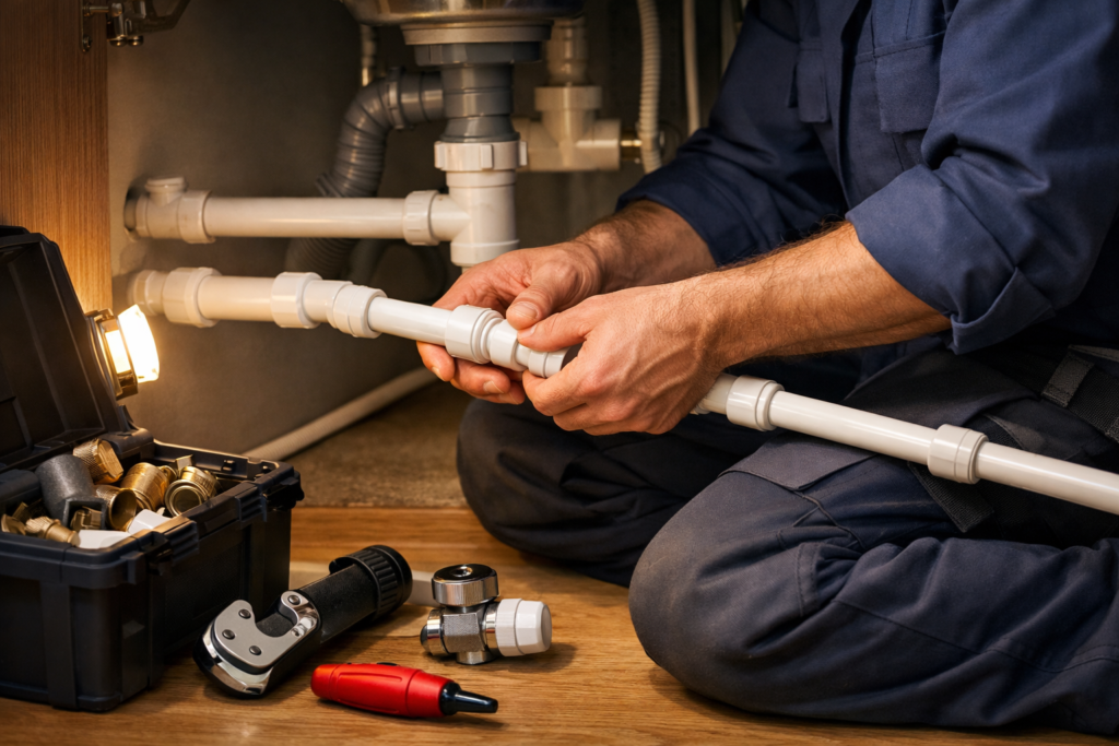 Plumber installing push-fit pipework under a kitchen sink using Speedfit fittings