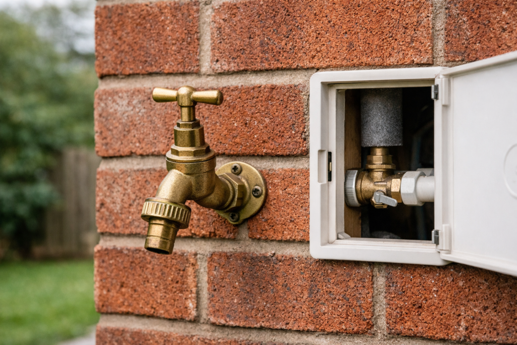 Outdoor garden tap connected with a Speedfit push-fit isolation valve on an exterior brick wall