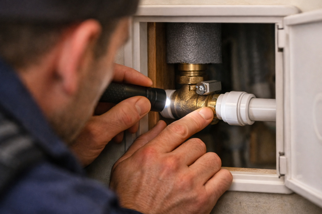 Plumber inspecting a push-fit pipe joint for leaks using a torch and moisture detector