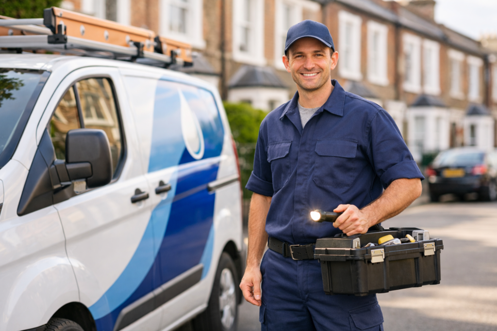 Catalyst Home Services plumber ready to help with push-fit plumbing installation, van in background