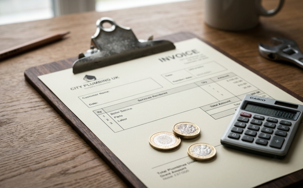 Don't Pay Too Much! Plumber Call Out Fees Explained (Save £100+) Plumber's quote and invoice representing average call out fee pricing in the UK