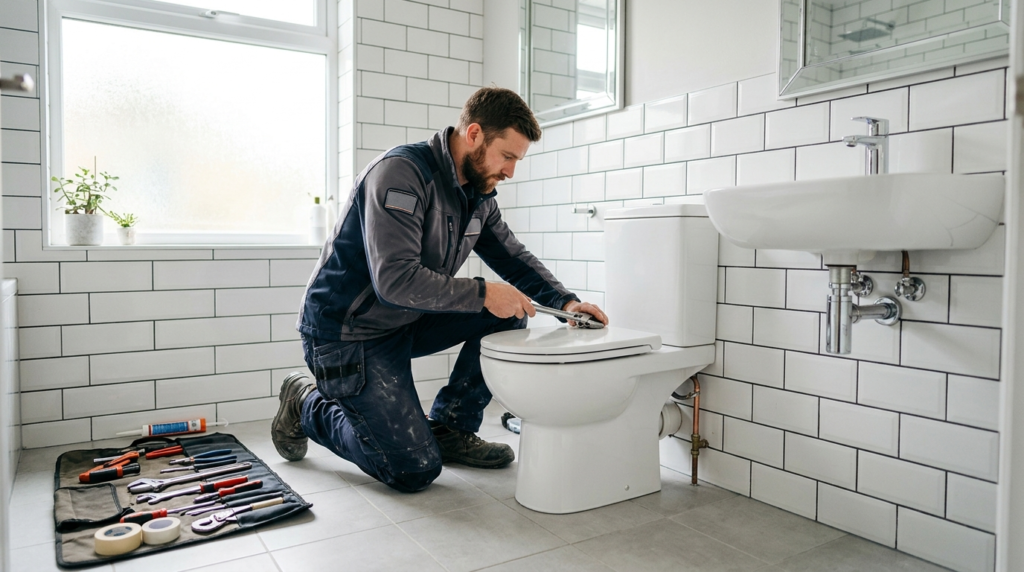 Professional bathroom fitter installing a modern bathroom suite in a London home