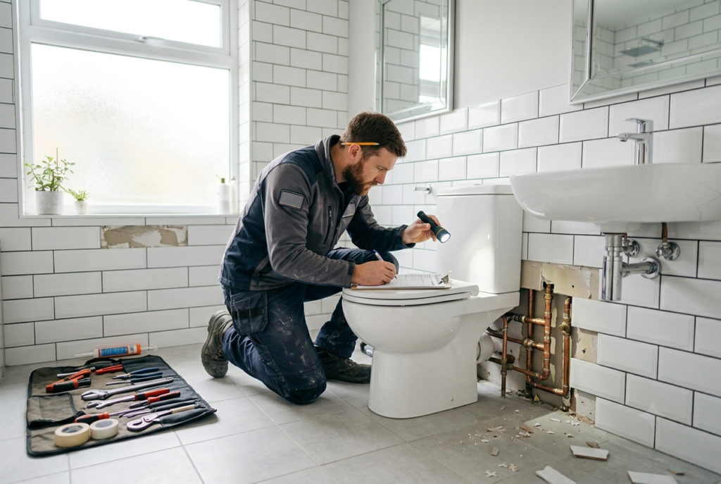 Best Bathroom Fitters Near Me | Find Trusted Local Experts Bathroom specialist checking pipework and fittings before installation