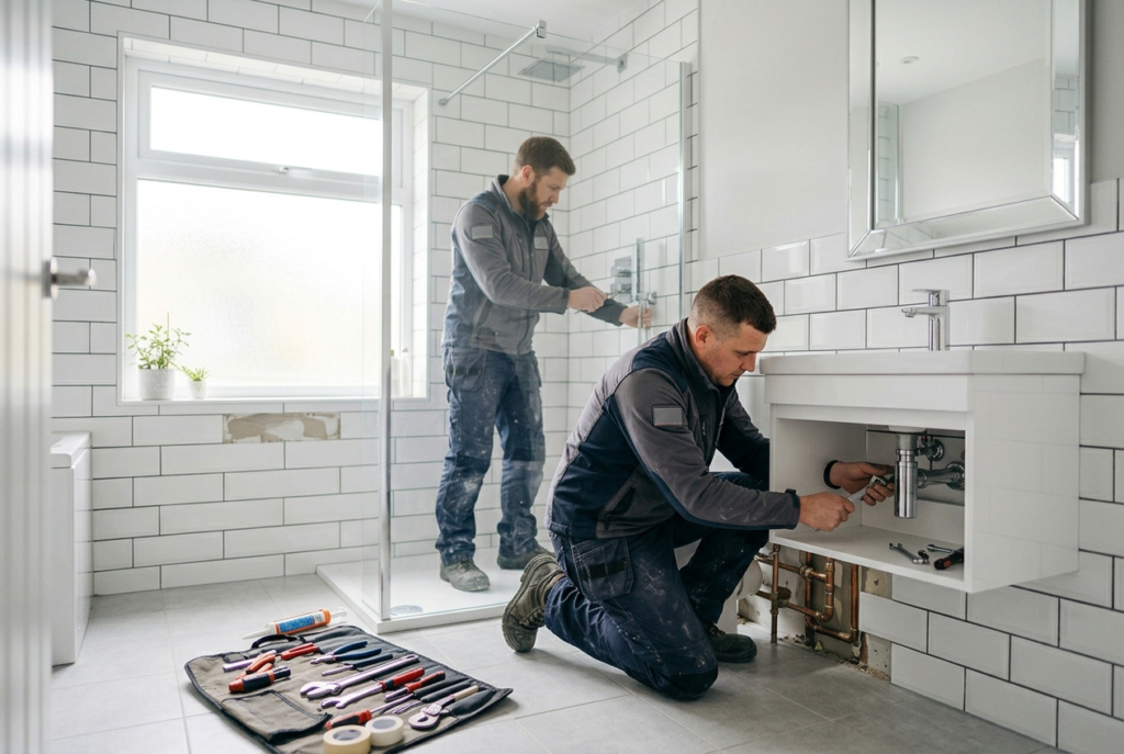 Best Bathroom Fitters Near Me | Find Trusted Local Experts Bathroom fitters installing a new shower and basin unit