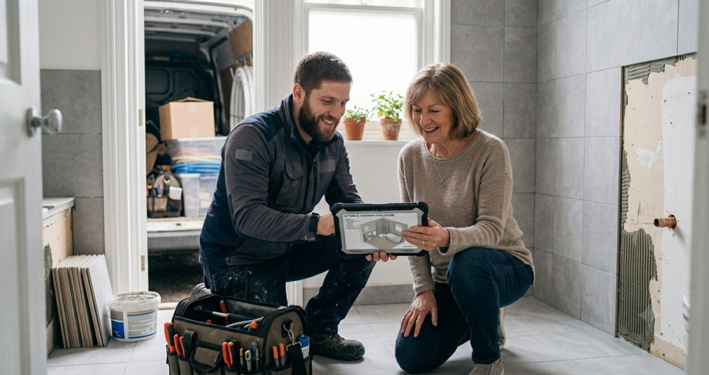 Best Bathroom Fitters Near Me | Find Trusted Local Experts Homeowner discussing bathroom fitting plans with a specialist