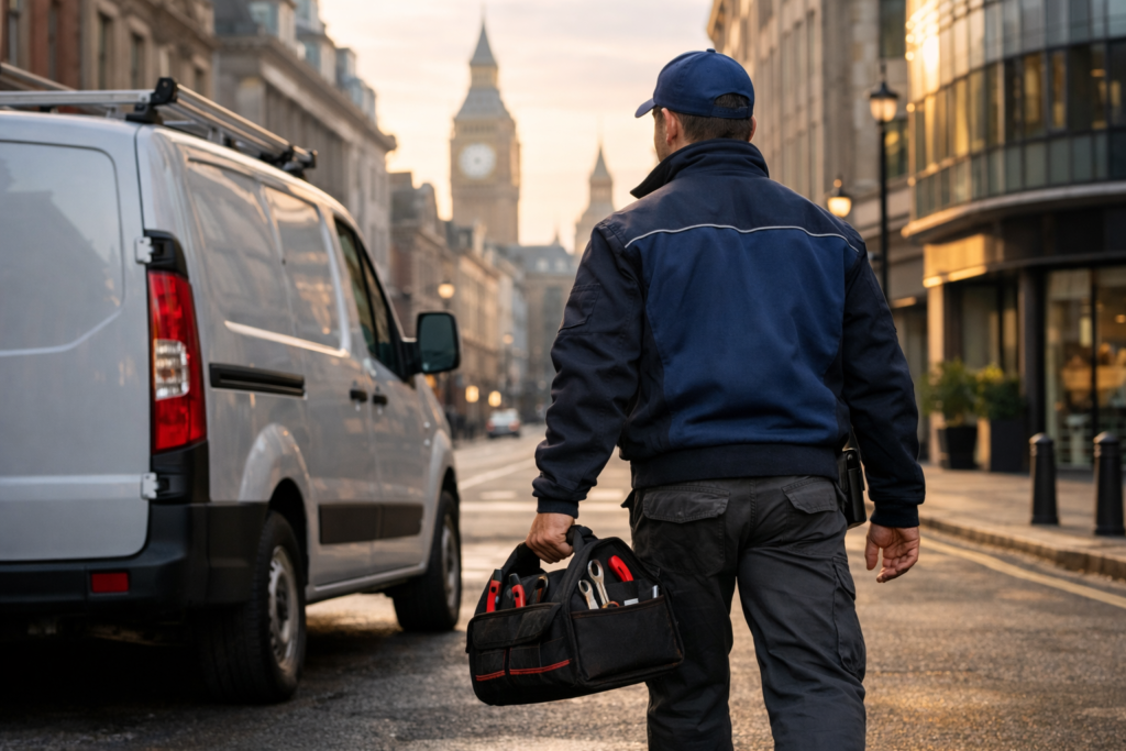 Plumber ready to respond to a 24/7 commercial plumbing callout in London