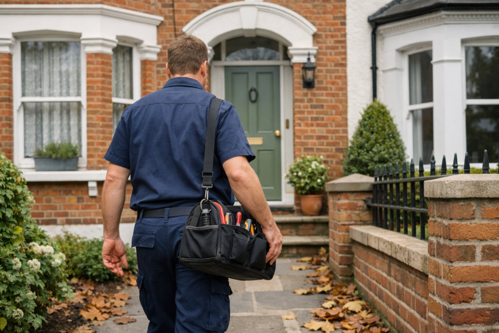 Professional plumber arriving at a London home with tool bag