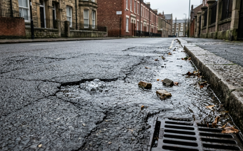 Water bubbling up through a road surface from a burst water main