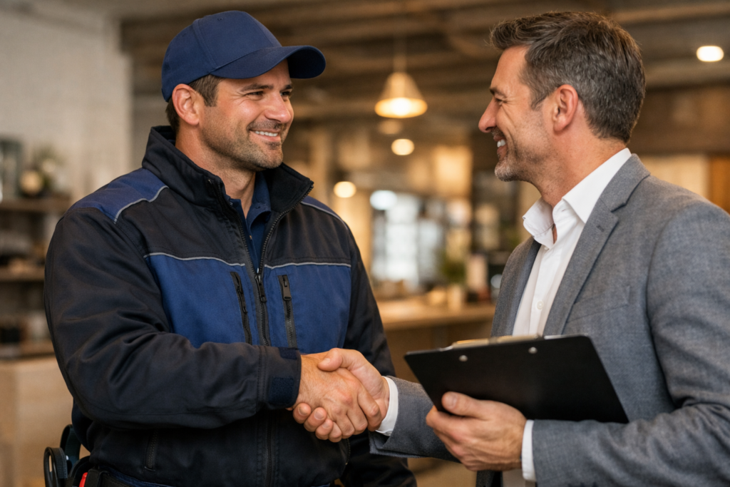 Plumber shaking hands with a business owner after completing commercial plumbing work