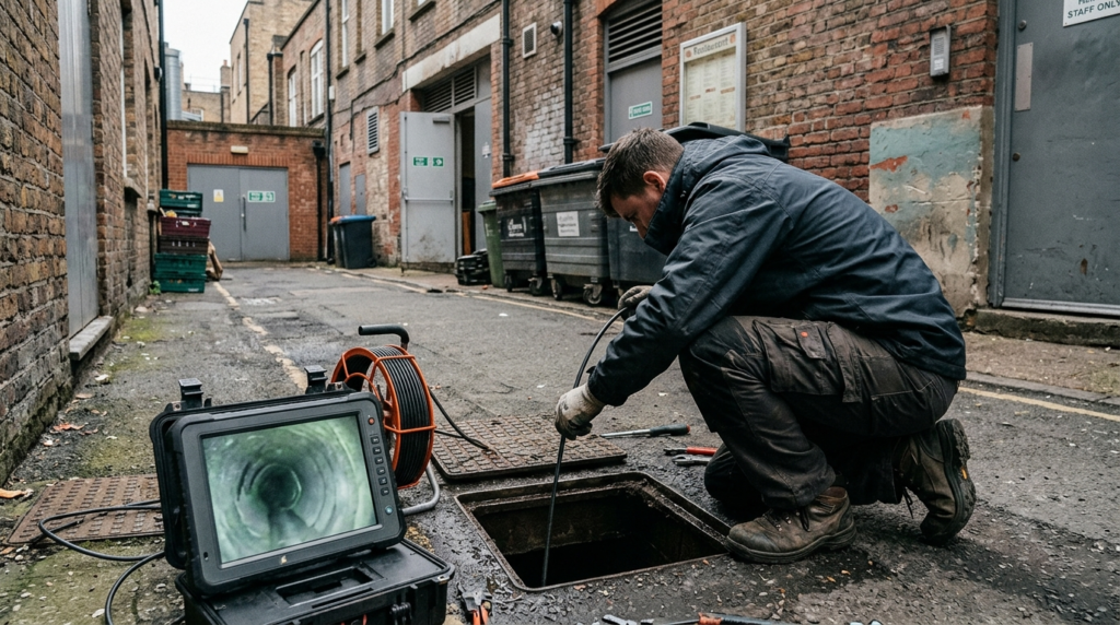 Engineer using CCTV drain survey equipment to inspect a blocked commercial drain
