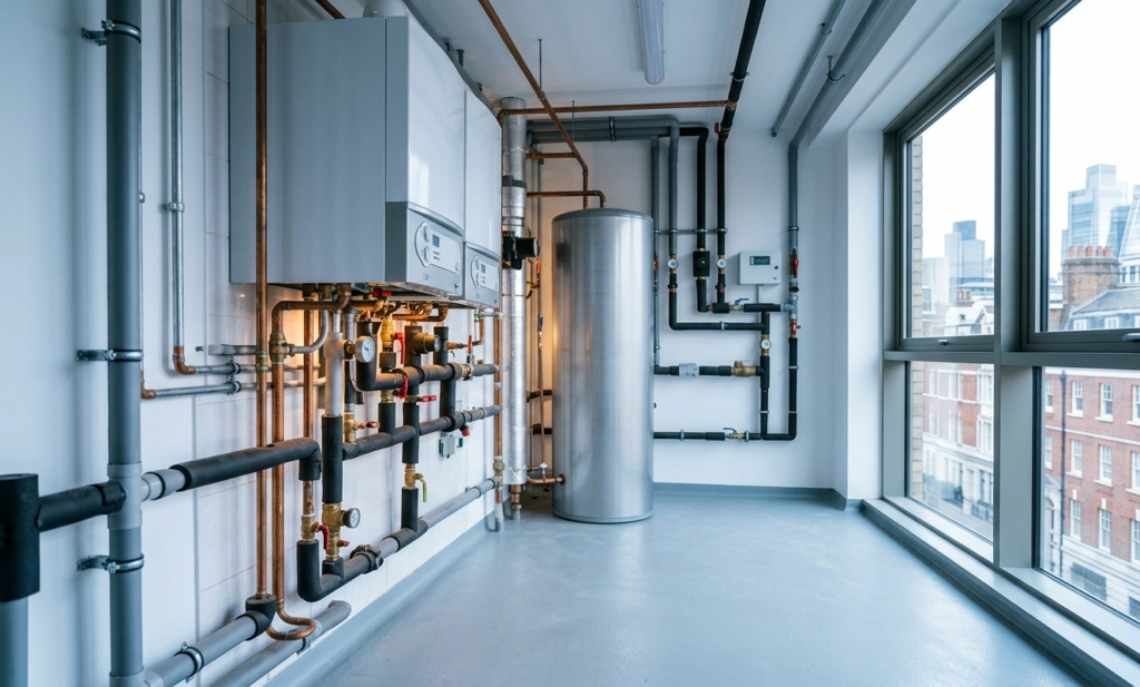 Commercial Plumbing and Heating | A Complete Guide for London Businesses Commercial boiler and hot water pipework system in a business building plant room