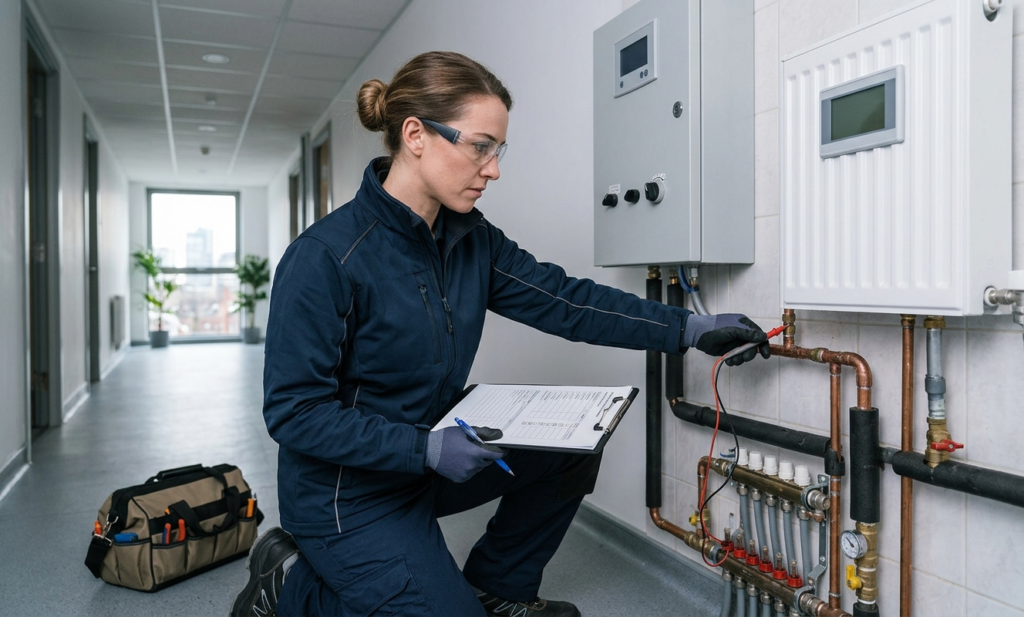 Commercial Plumbing and Heating | A Complete Guide for London Businesses Engineer inspecting a commercial heating system with a checklist