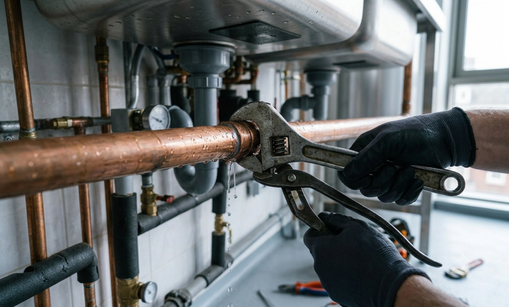 Commercial Plumbing and Heating | A Complete Guide for London Businesses Plumber repairing a leaking commercial pipe in a business property