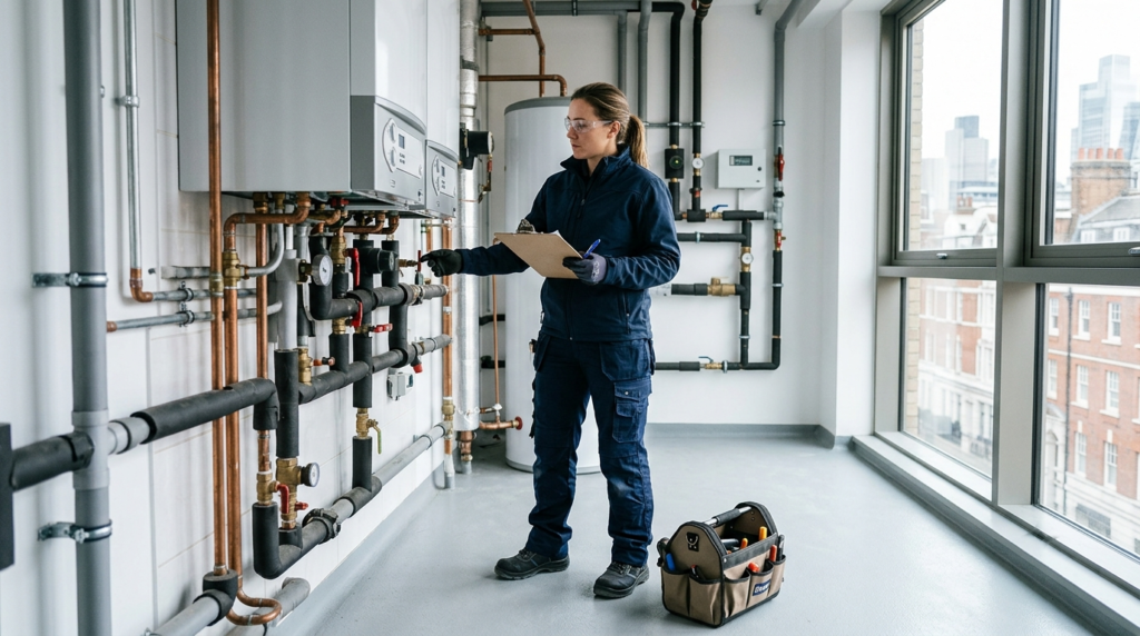 Commercial Plumbing and Heating | A Complete Guide for London Businesses Commercial plumbing and heating engineer inspecting pipework in a London business premises