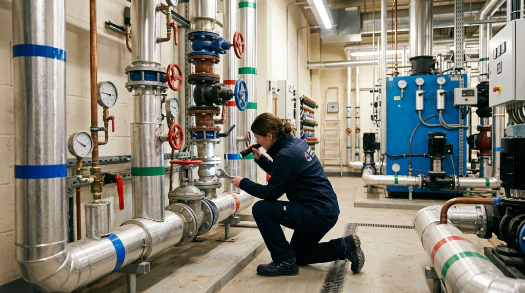 Commercial plumbing engineer inspecting pipework in a London office building basement plant room