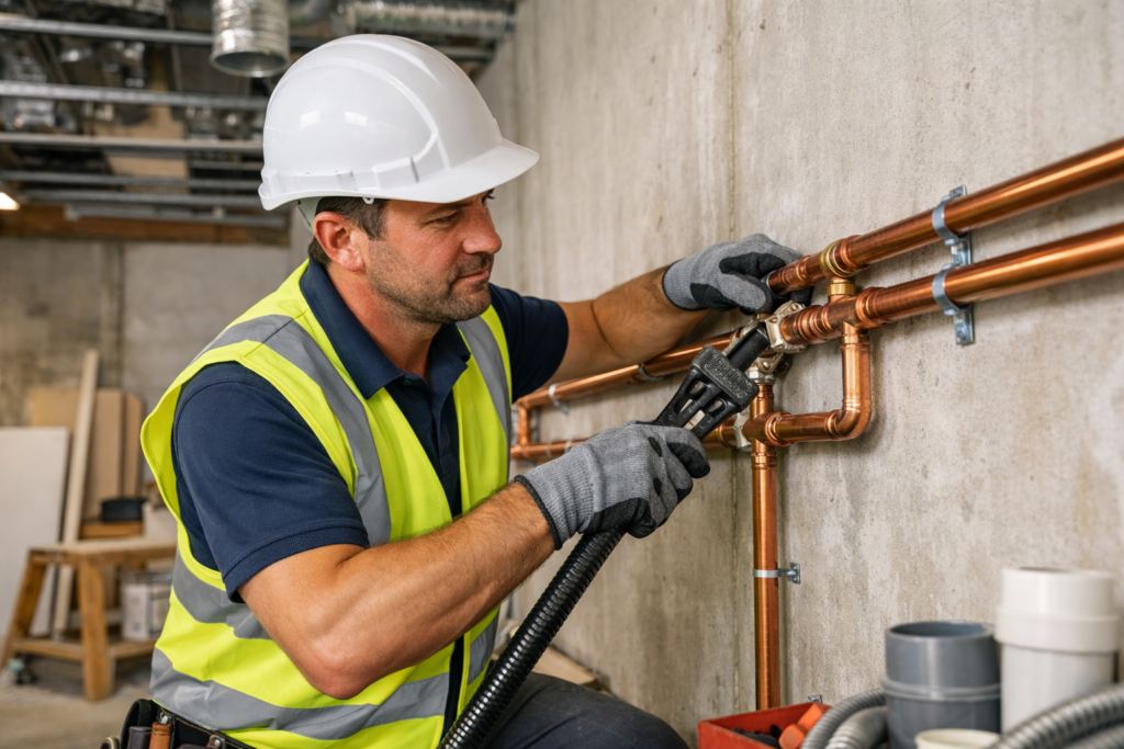 Engineer installing new commercial pipework during a building fit-out