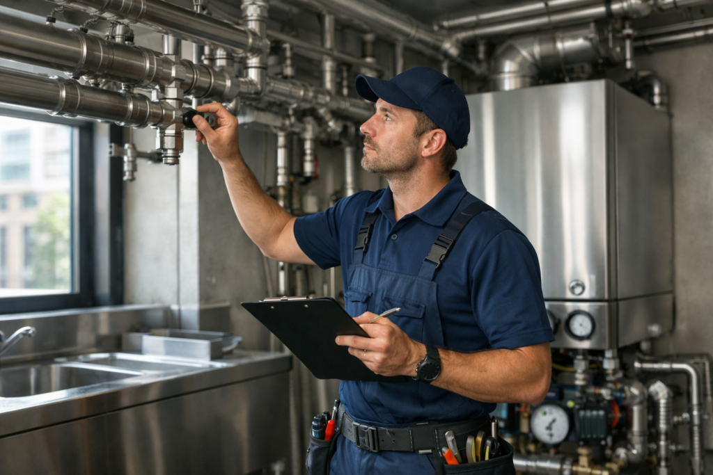 Commercial plumber working on pipework in a London business premises