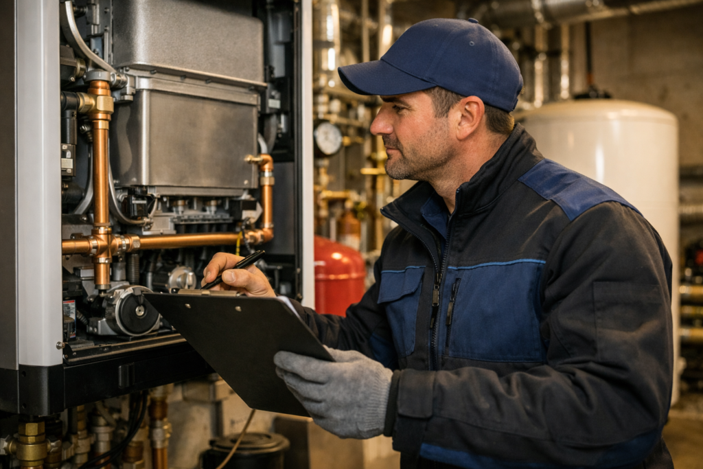 Plumber completing a maintenance checklist during a scheduled commercial inspection