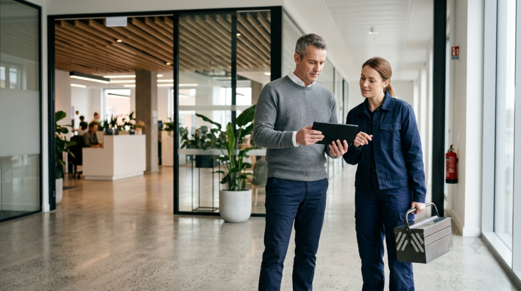 Facilities manager reviewing a planned preventive maintenance schedule with an engineer