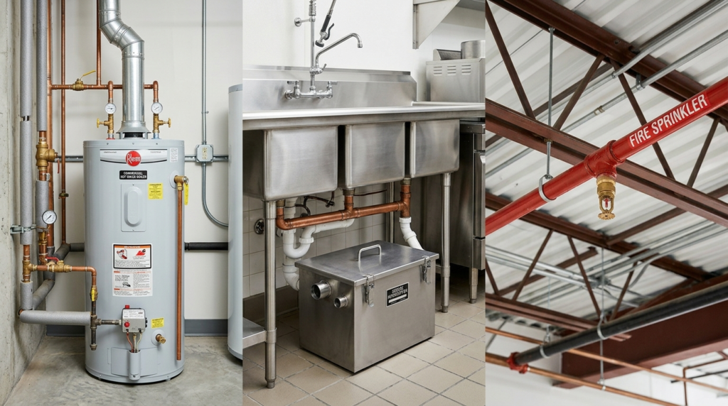 Split view of commercial water supply, drainage, and heating system components