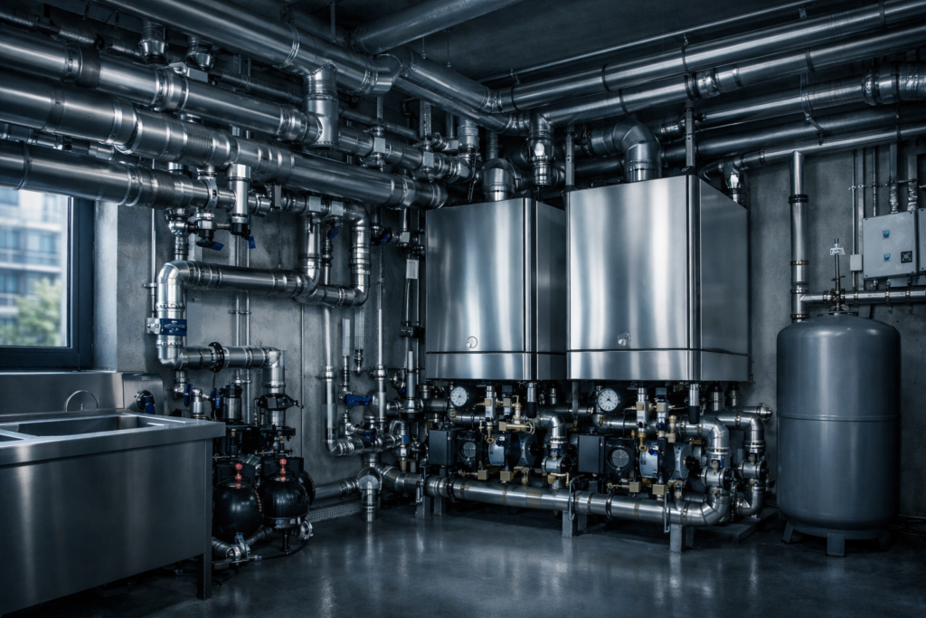 Complex commercial pipework system compared to a simple residential setup