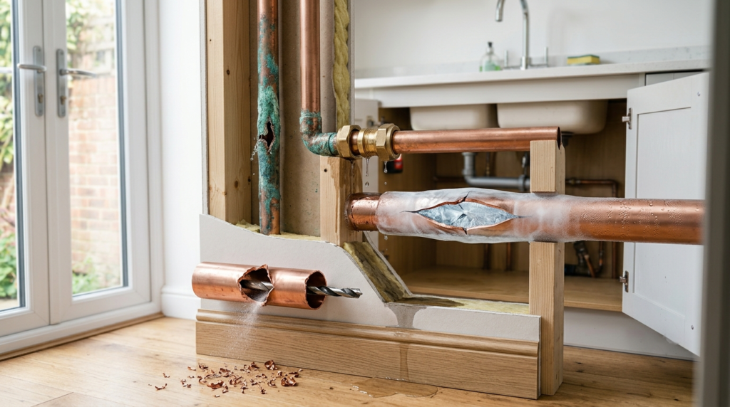 Illustration of common household pipe leak causes including corrosion and freezing