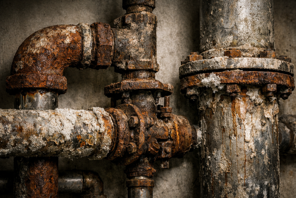 Close-up of ageing commercial pipework showing signs of corrosion