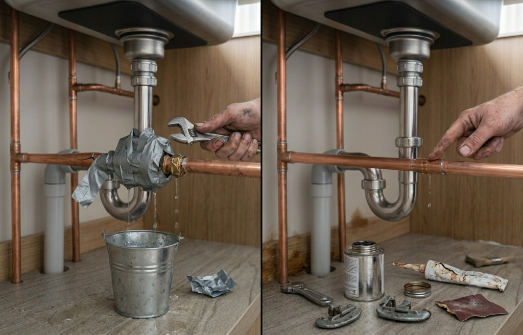 Incorrect plumbing repair showing over-tightened fitting and unsuitable tape
