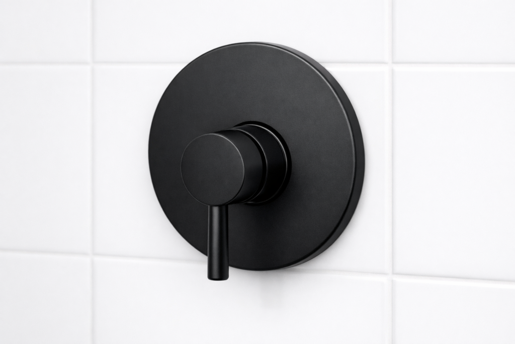 Concealed shower valve with round control plate fitted into a tiled bathroom wall