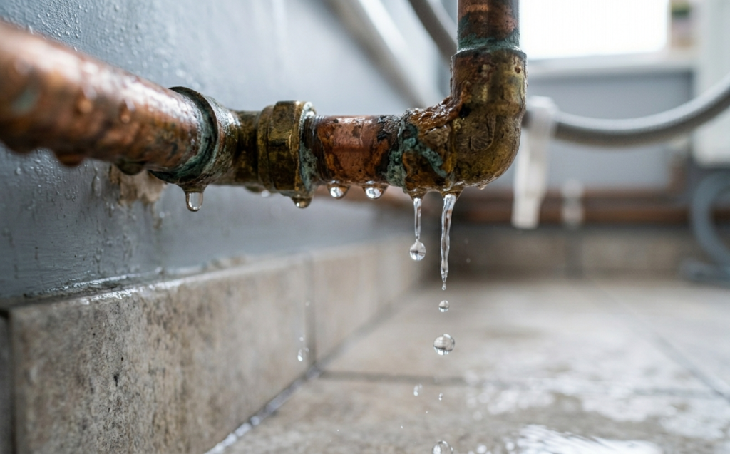 Corroded pipe joint showing signs of wear and leaking