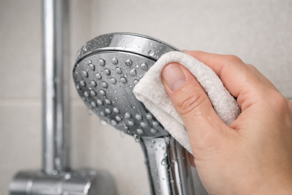 Hand descaling a chrome shower head to remove limescale build-up