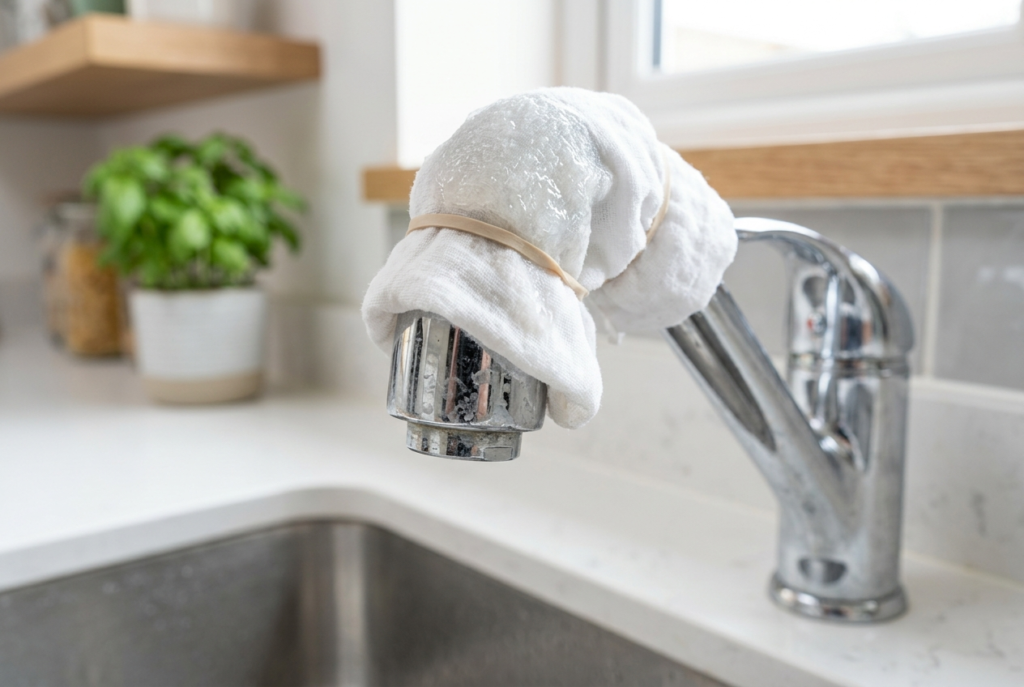 Dripping Tap Repair: Why It Happens and How to Fix It Cloth soaked in descaling solution wrapped around a tap head to remove limescale
