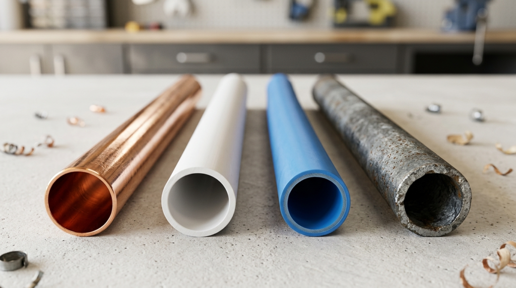 Copper PVC PEX and galvanised steel pipes displayed side by side