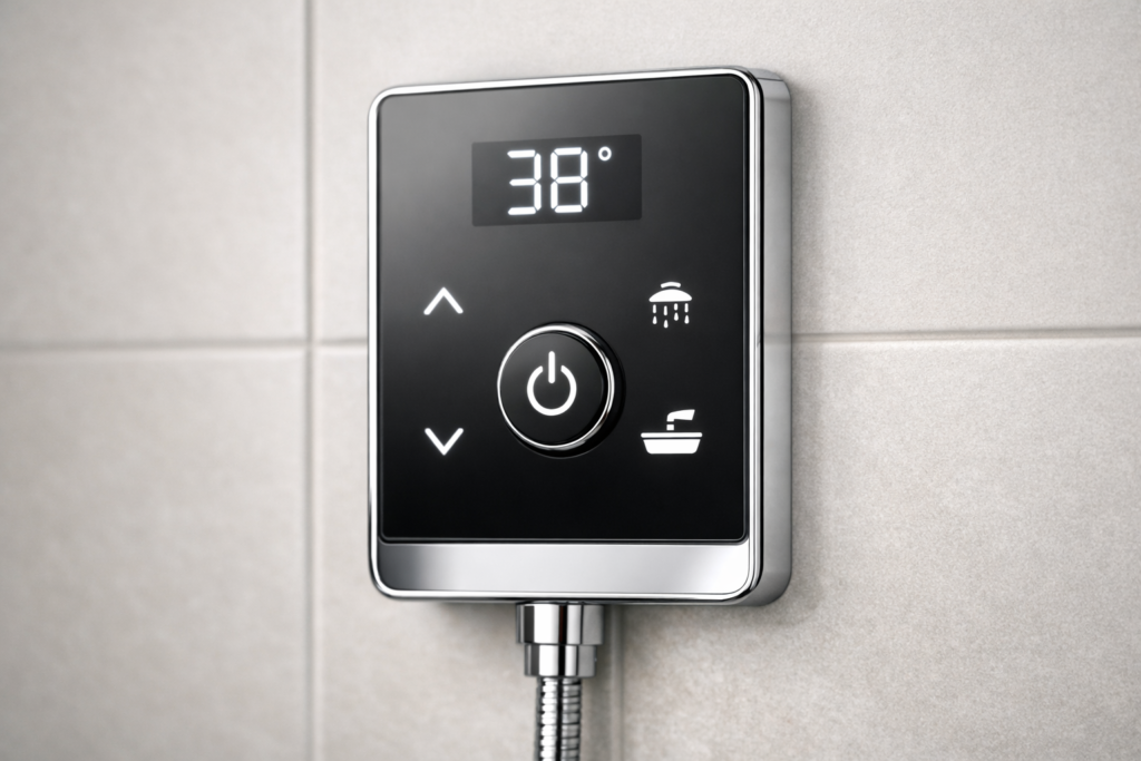 Wall-mounted digital shower controller panel with temperature and flow display
