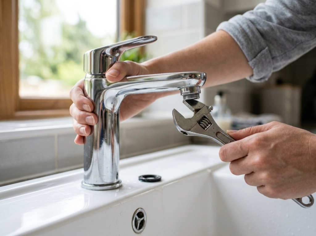 Hands removing a mixer tap head with a spanner to check the washer