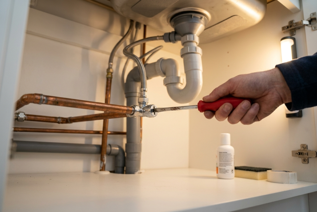 Dripping Tap Repair: Why It Happens and How to Fix It Hand turning a flat-head isolation valve under a kitchen sink to shut off water supply