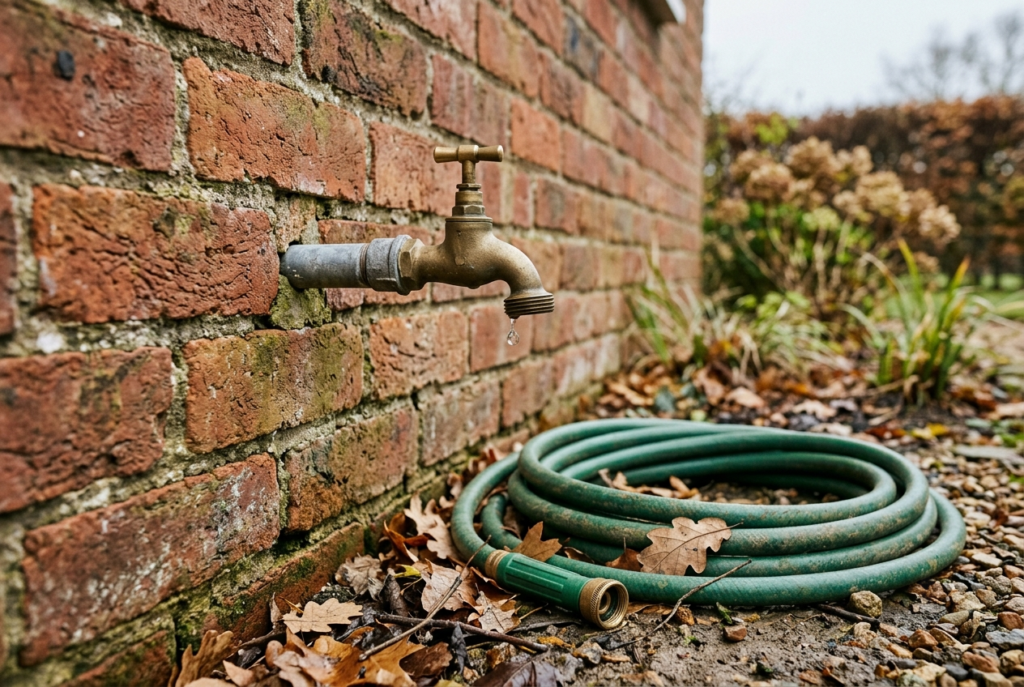 Dripping brass garden tap mounted on an exterior wall